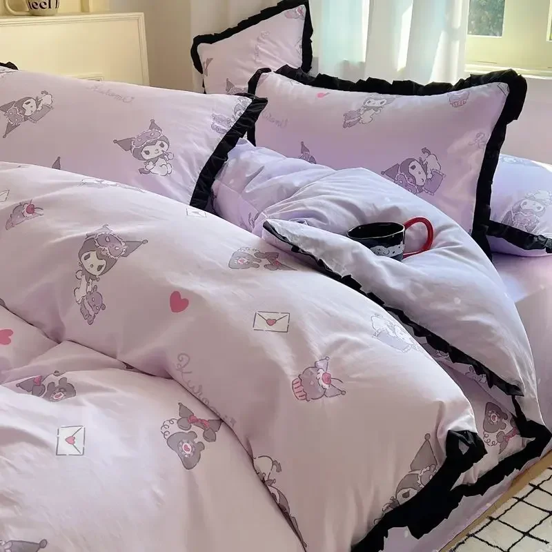 My Melody Anime Kawaii Sanrio Princess Bed 3 4-piece Set lucu Kuromi Cinnamoroll Ins Quilt penutup bantal dekorasi hadiah mainan