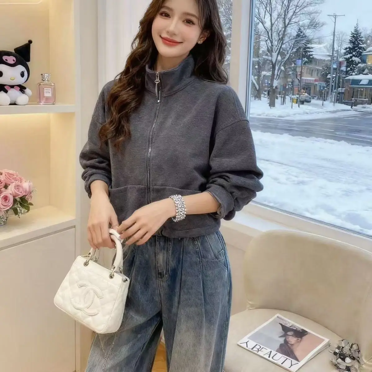 

Повседневная утепленная короткая куртка-худи на молнии для женщин, осенне-зимняя, новый стиль, в школьном стиле, универсальная, на флисовой подкладке, с воротником-стойкой