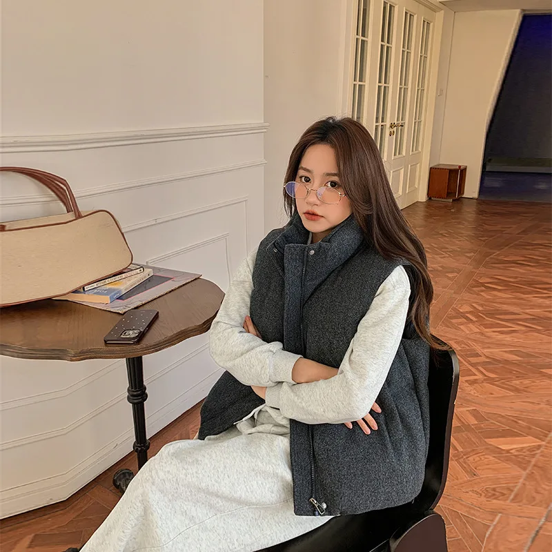 سترة سترات معاطف نسائية سترات متينة جيب وسحاب وياقة واقفة بدون أكمام سميكة بقصة ضيقة غير رسمية للمكتب للسيدات لخريف وشتاء 2025