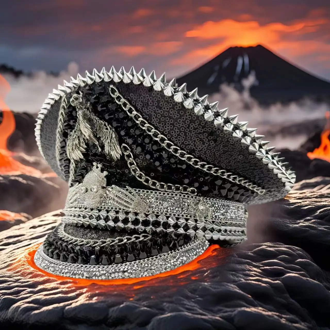 قبعة كابتن بسلسلة Steampunk سوداء من HongLuan مصنوعة من حجر الراين لمهرجان الهالوين للنساء، وإكسسوارات عسكرية عتيقة وقبعة عسكرية