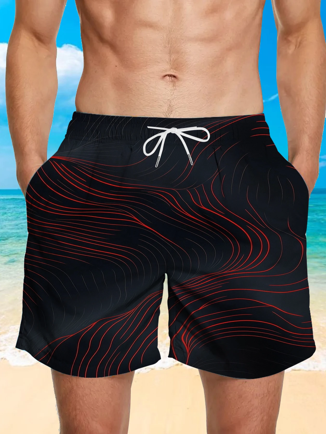 

2026 Men's Printed Straight Leg Pants Vibrant Abstract Pattern Drawstring Waist Loose Fit Summer Beach Casual Swim Shorts