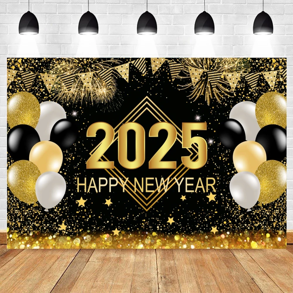 2025 New Year\'S Decor Backdrop Fireworks Champagne Golden Balloon Banner Celebrate Party Family Poster Photography Background