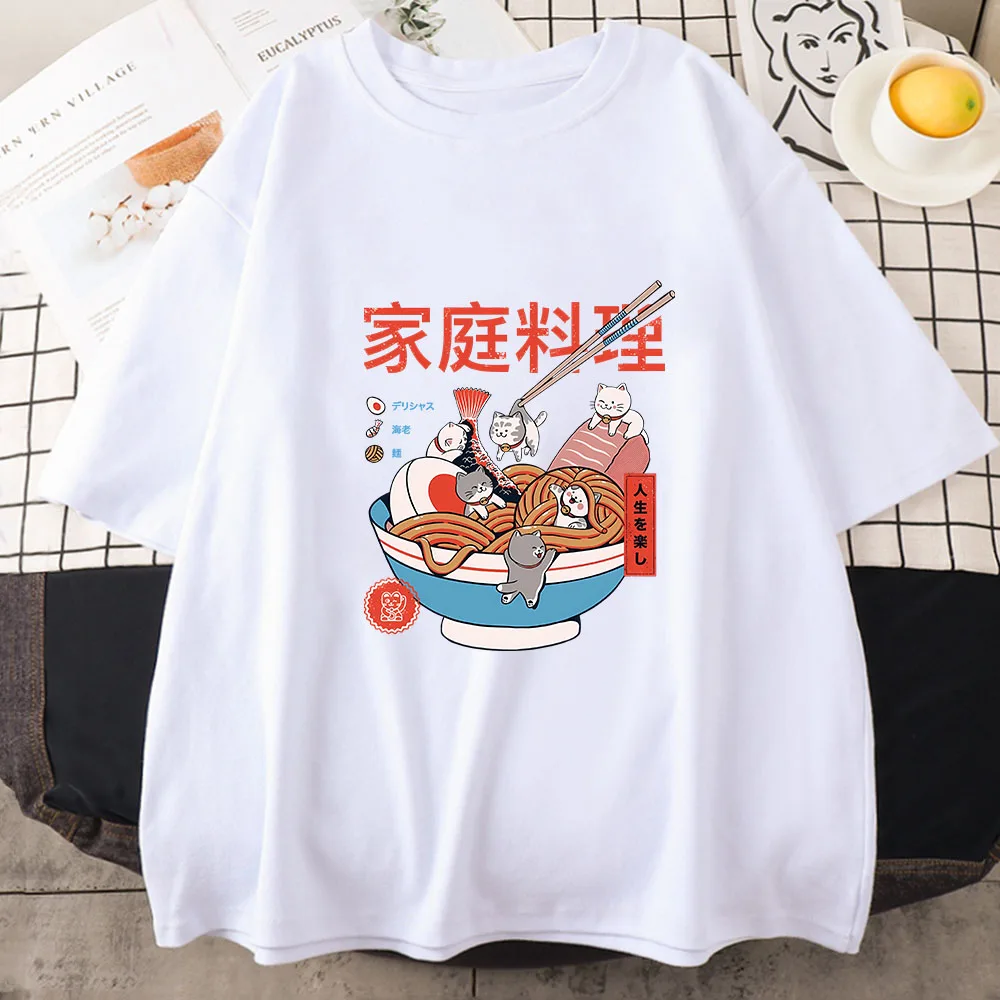 Ramen Katzen Frauen Japanische Anime Charaktere T-shirts 100% Baumwolle Casual T Shirts Sommer Harajuku Kawaii Kleidung Leichte Strech