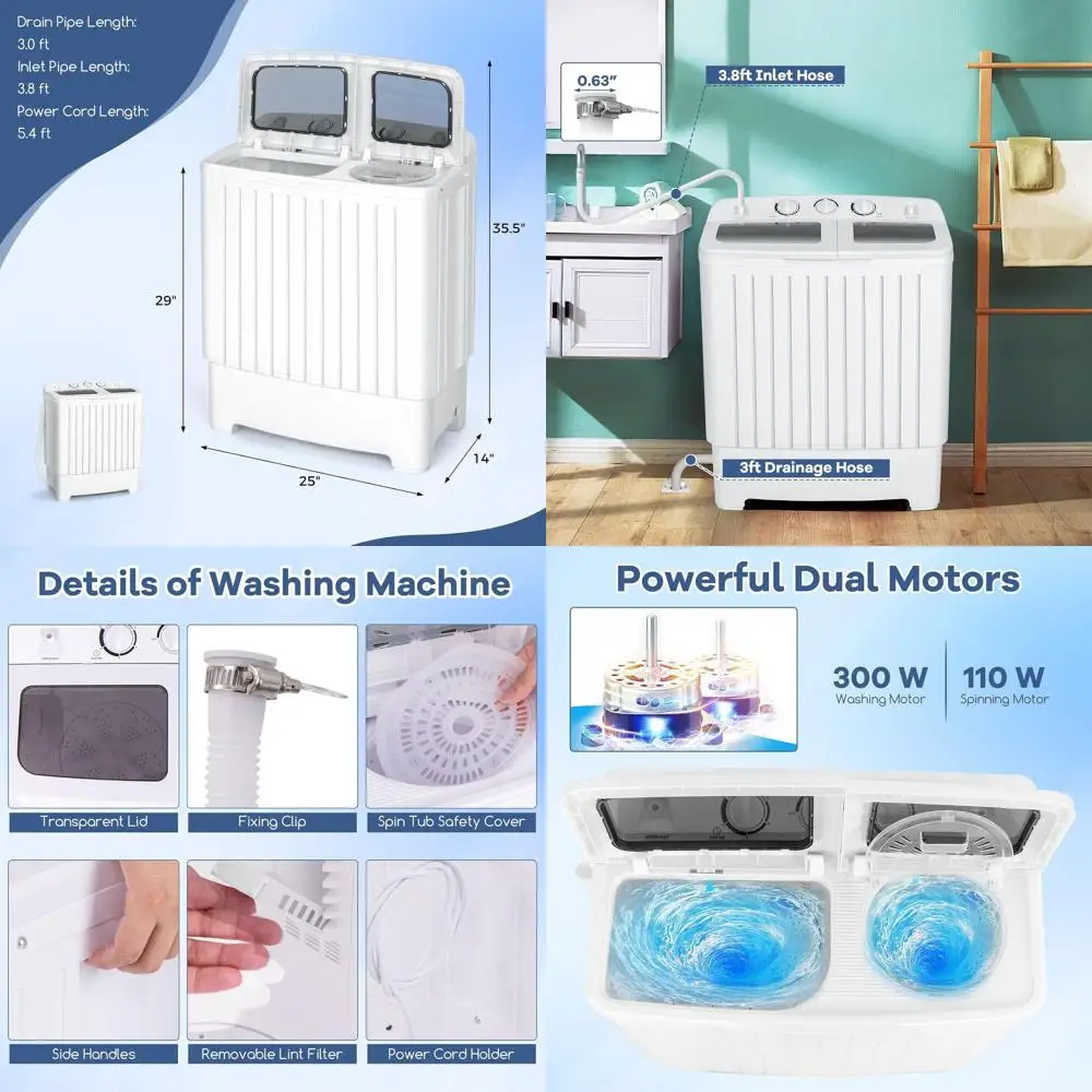 

Компактная стиральная машина с двумя баками, стирка 12 фунтов, отжим 8 фунтов, портативная для квартир, общежитий и автодомов (белая и серая)