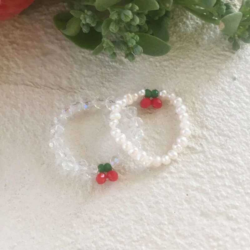 Elastic Red Cherry Rings Stretchable Cherry Beaded Rings Comfortable Wear Party Acrylic Finger Rings Women