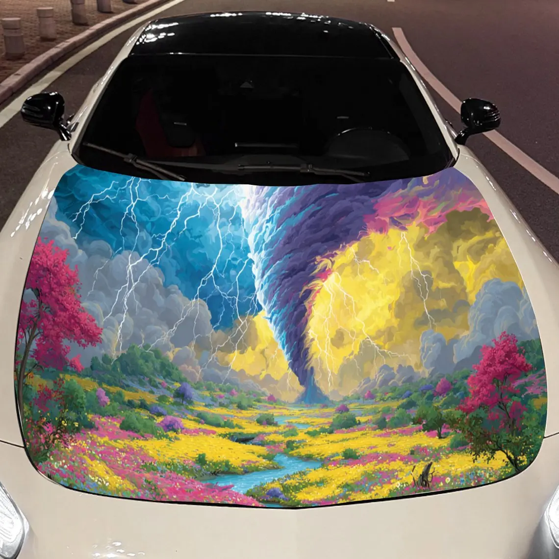 

Oil Painting Style Rainbow Tornado Lightning Car Hood Vinyl Stickers Car Surface Protection Decal Car Decoration Cover Vinyl Wra