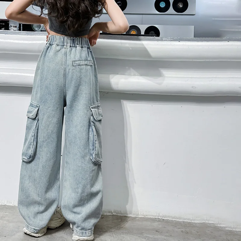 Fashion Girl Summer Fall Jeans 2024 New Children\'s Cargo Pants Wide Leg Long Pants Kids Soft Multiple pocket Denim Thin Trousers