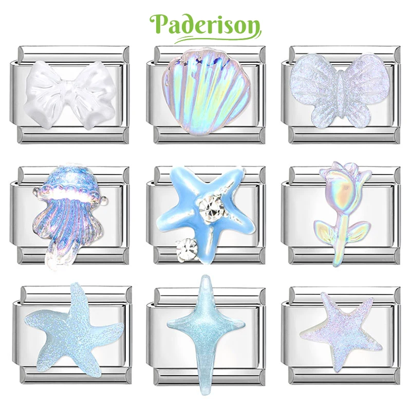 Paderison Ocean Series Butterfly Jellyfish Starfish Italian Charm Links Fit 9mm Bracelet Stainless Steel DIY Jewelry Making