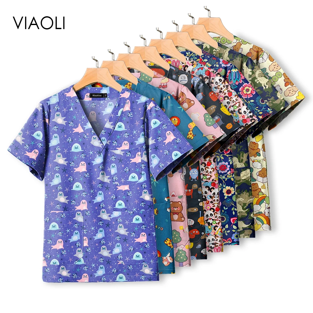 Wholesale Unisex Women Medical Scrub Tops 100%Cotton Scrub Tops Medical Uniforms Veterinary Dental Work Wear Nursing Accessories