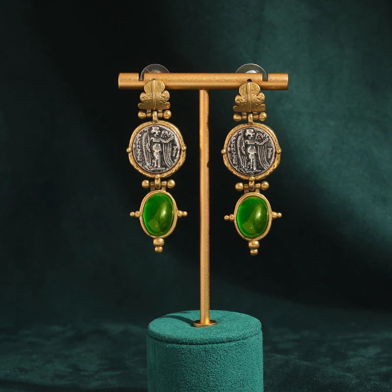 Vintage Emerald Green Oval Natural Stone Dangle Earrings Pendant Gold Color Coin Antique Jewelry for Woman Accessories Luxury
