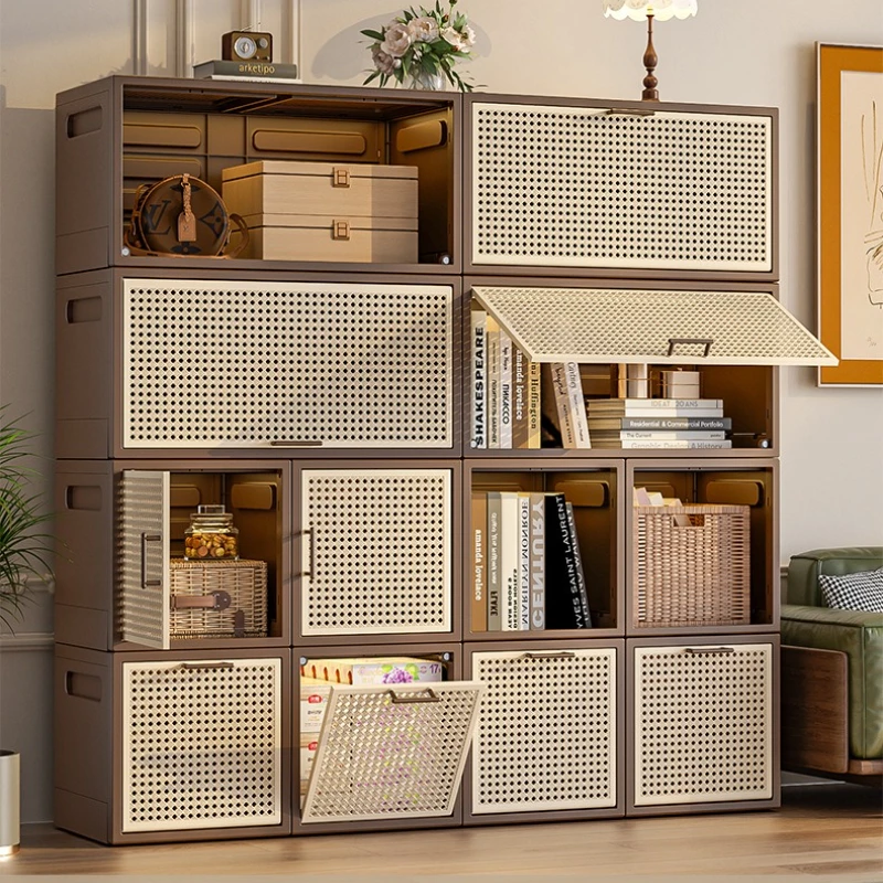 

Imitation Rattan Storage Cabinet Stackable Organizer for Living Room Multifunctional Toy Closet Space-Saving Clothes Storage