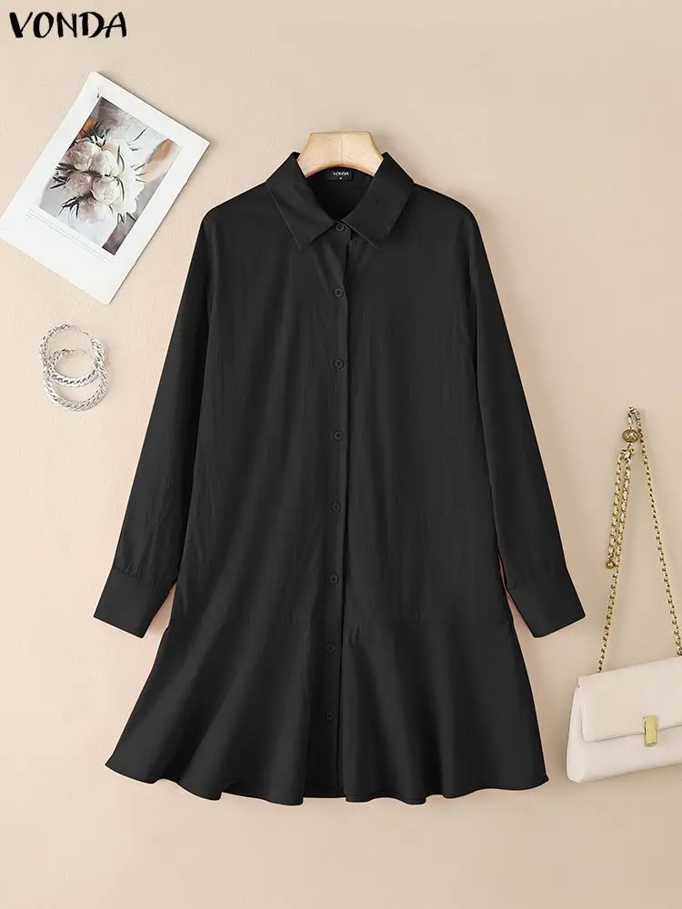 VONDA femmes chemise longue robes automne à manches longues couleur unie Robe boutons décontracté Mini Robe d'été 2025 revers ample à volants Robe