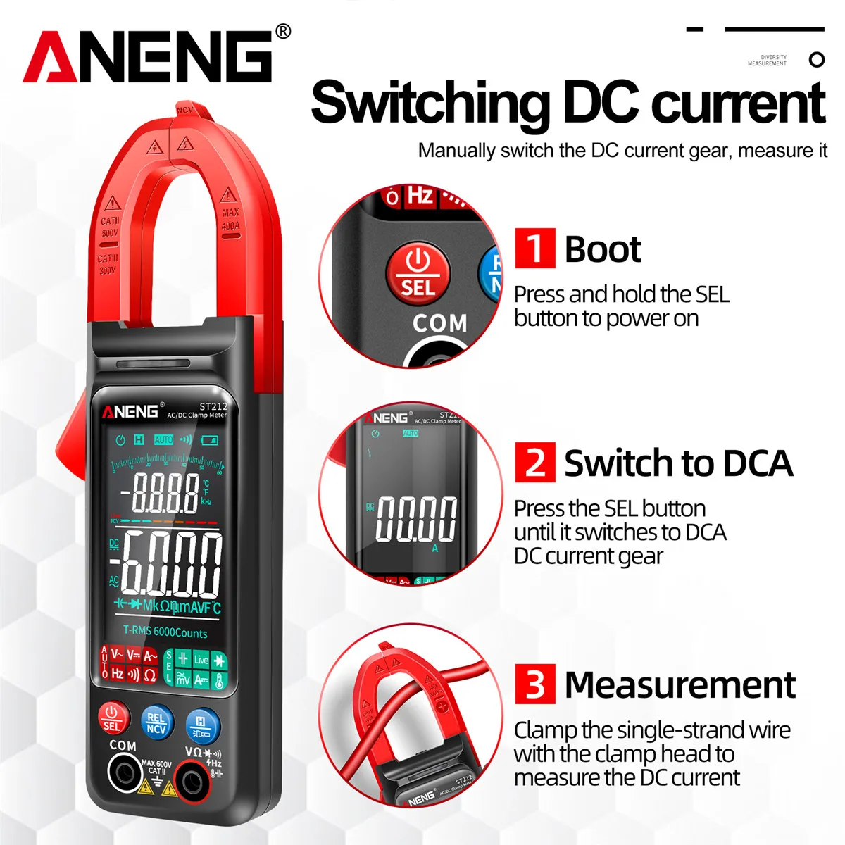 ANENG ST212 Cyfrowy miernik cęgowy DC/AC Prąd 400A Amper Multimetr Duży kolorowy ekran Tester napięcia Samochodowy Hz NCV Ohm