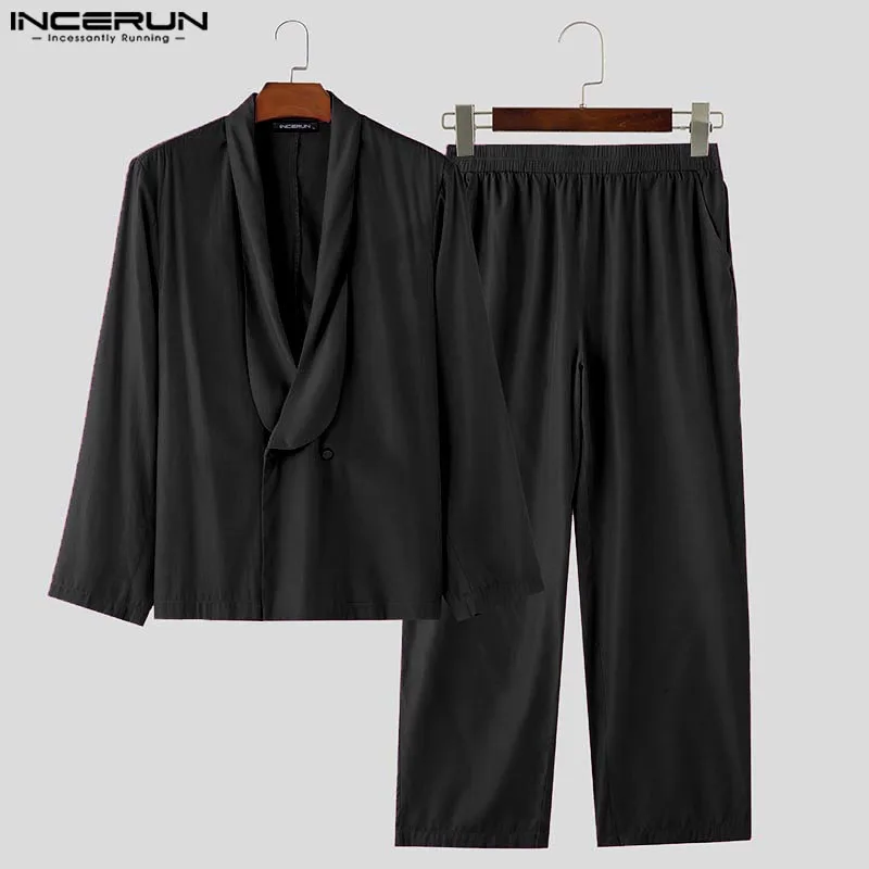 INCERUN Men Solid Color Pant Sets Csual 2PCS outfits Long Sleeve Tops Elastic Waist Pocket Pant Suits Sexy Elegant Loose Suits