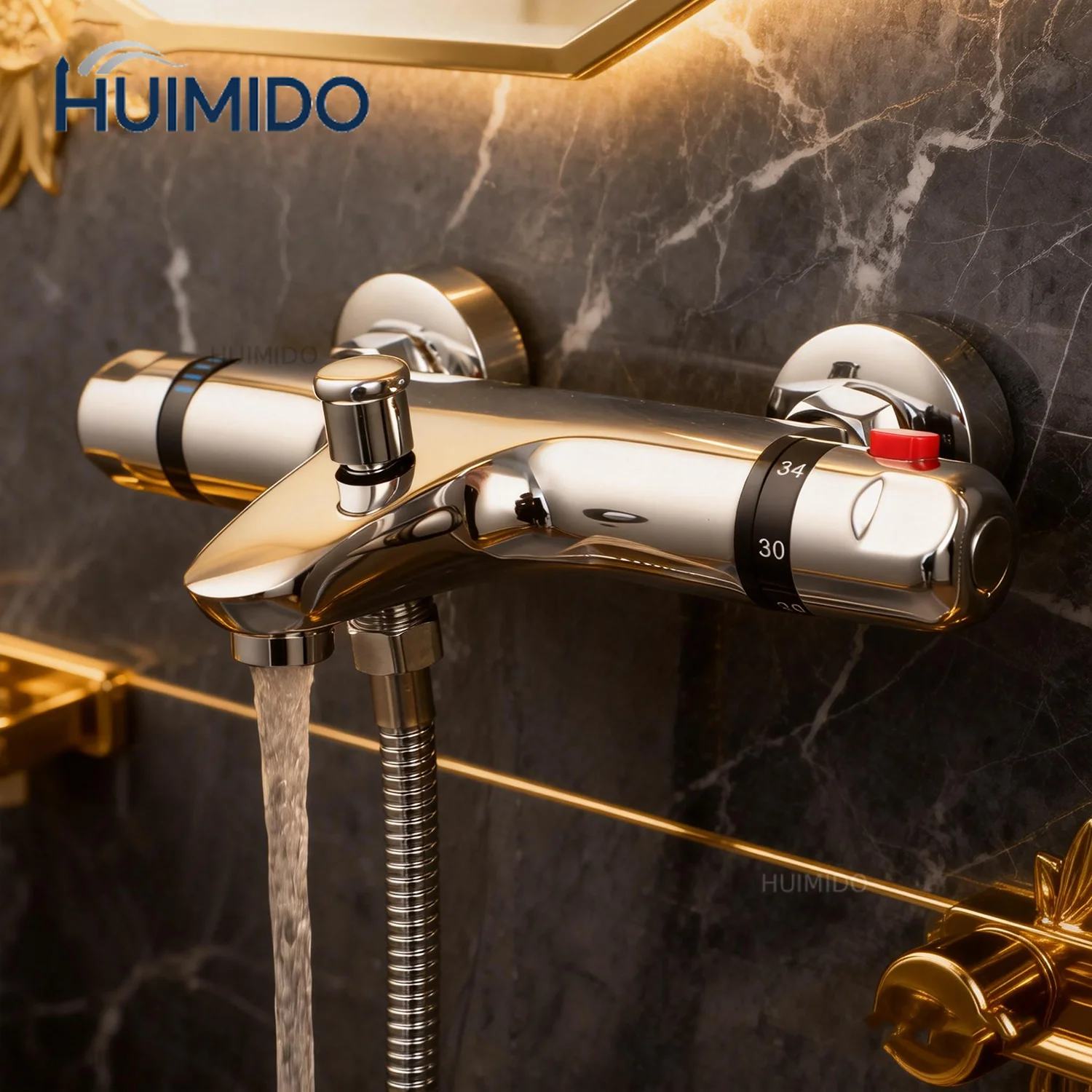 Torayvino Thermostatic Bath Shower Control Valve Bottom Faucet Wall Mounted Bathroom Chrome Polished Temperature Mixer Water Tap