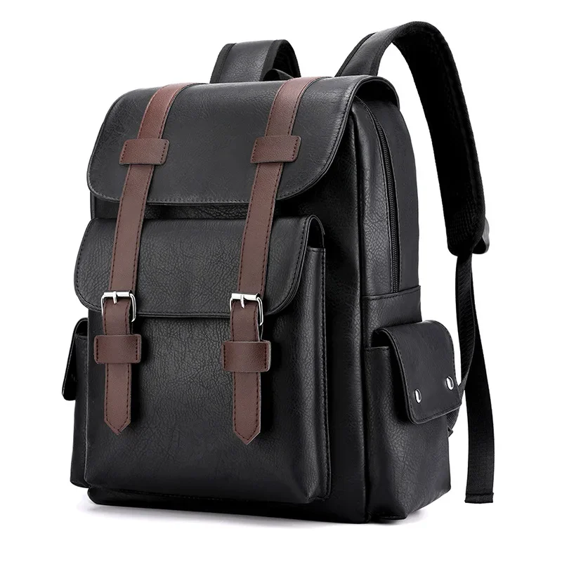 Leather Shoulder Backpack Waterproof Men Retro Large Capacity Casual Business Laptop Bags for Students Schoolbag Travel Fashion