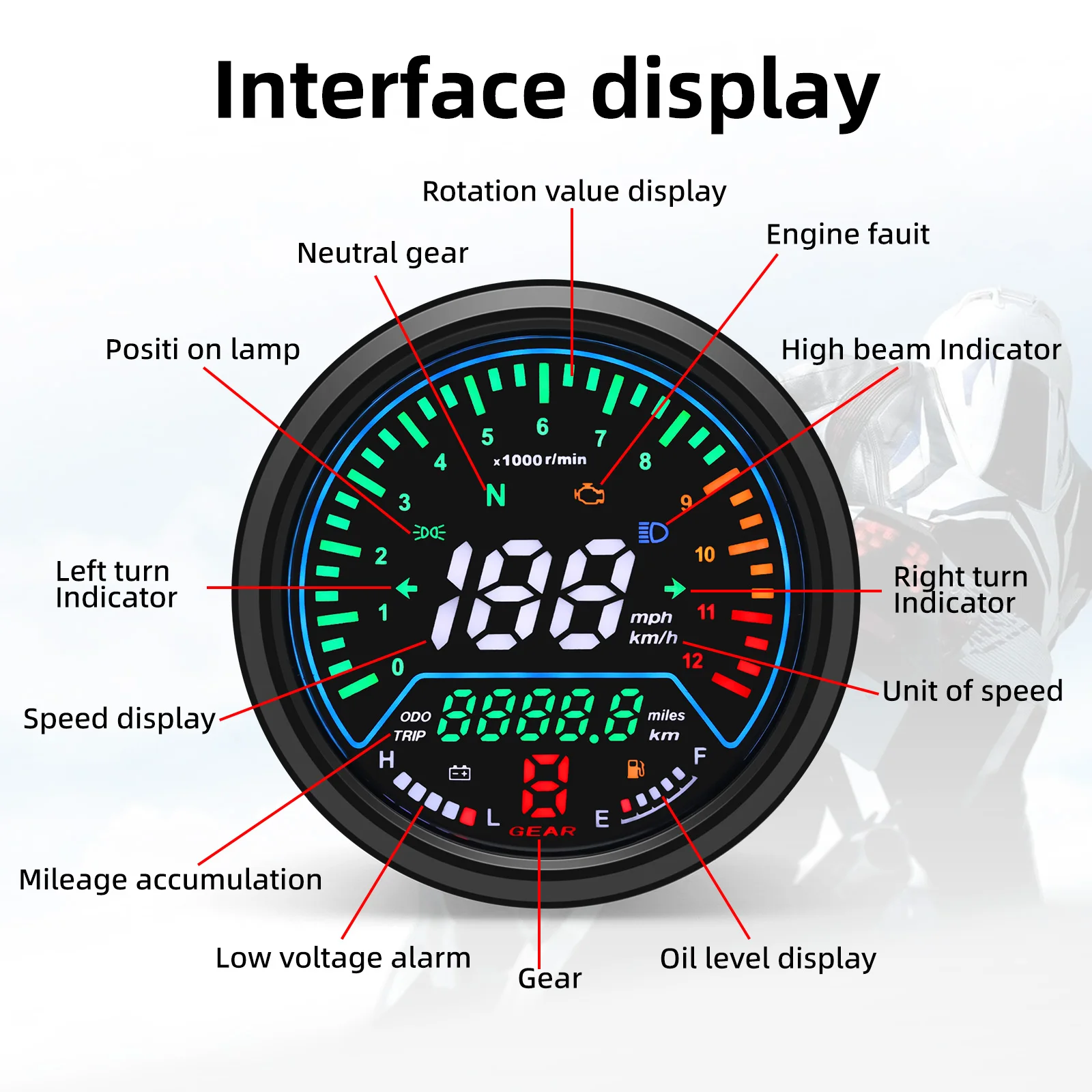 SS 12V Motorcycle Instrument Speedometer Multifunctional Digital Dashboard Meter 0~12000R/Min Tachometer with Gear Voltage Meter