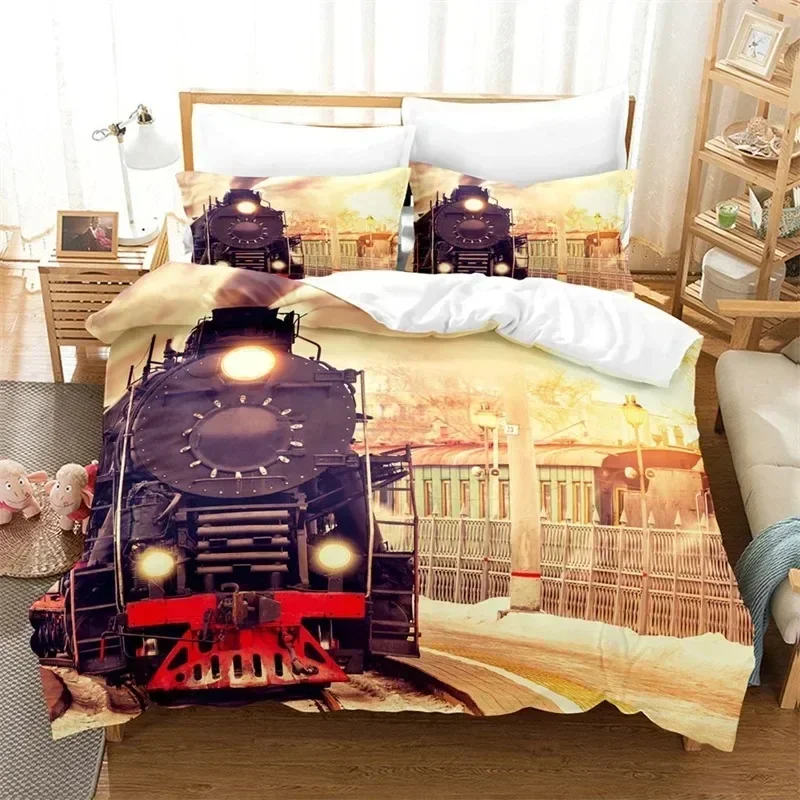 

Top New Train Duvet Cover Full Size Boys Steam Engine Bedding Set Microfiber 3D Rail Vehicles Comforter Cover Room Decor