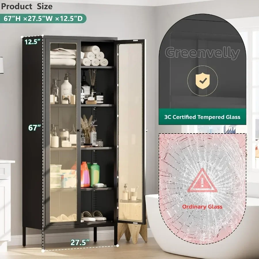 Metal display cabinet for home office, living room, pantry; black glass; 67 tall with glass doors and 4 shelves; scratch-resist