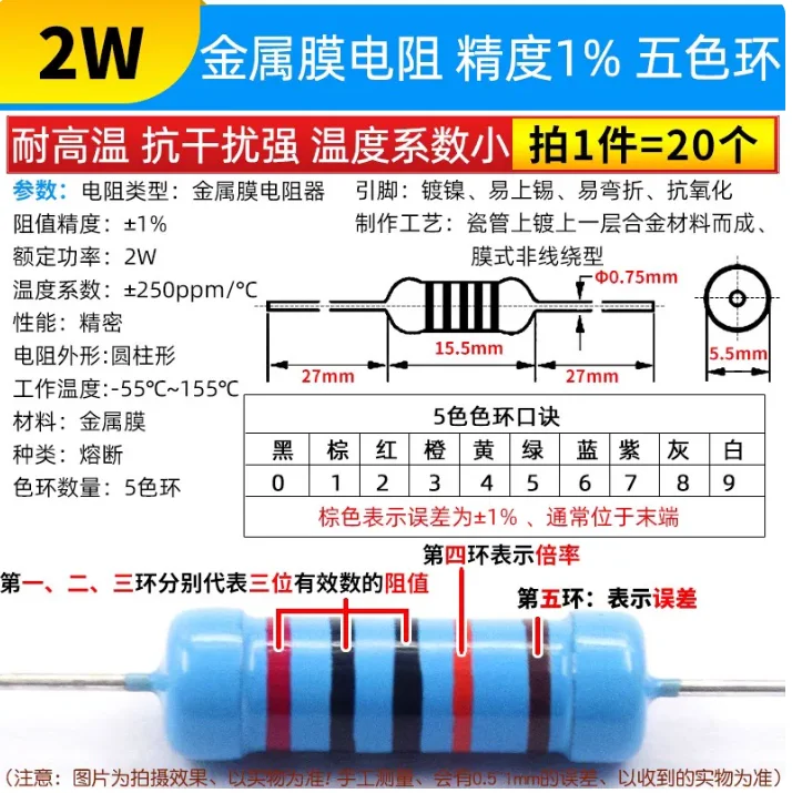 20 шт., 2 Вт, сопротивление металлической пленки, 1% 200K-910K, 200K, 220K, 300K, 360K, 390K, 430K, 510K, 620K, 680K, 820K, 910K, пятицветное сопротивление кольца