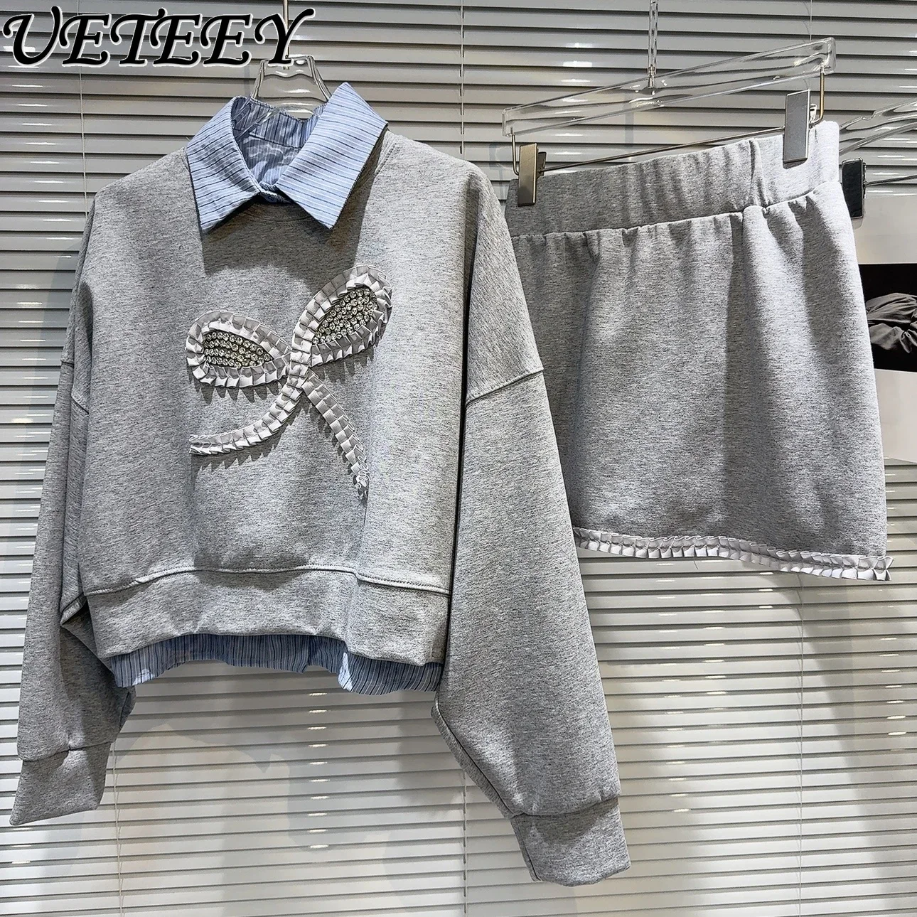 Spring and Autumn New Shirt Collar Long Sleeve Patchwork Bow Sweatshirt + Drawstring Short Skirt Two Piece Set for Women