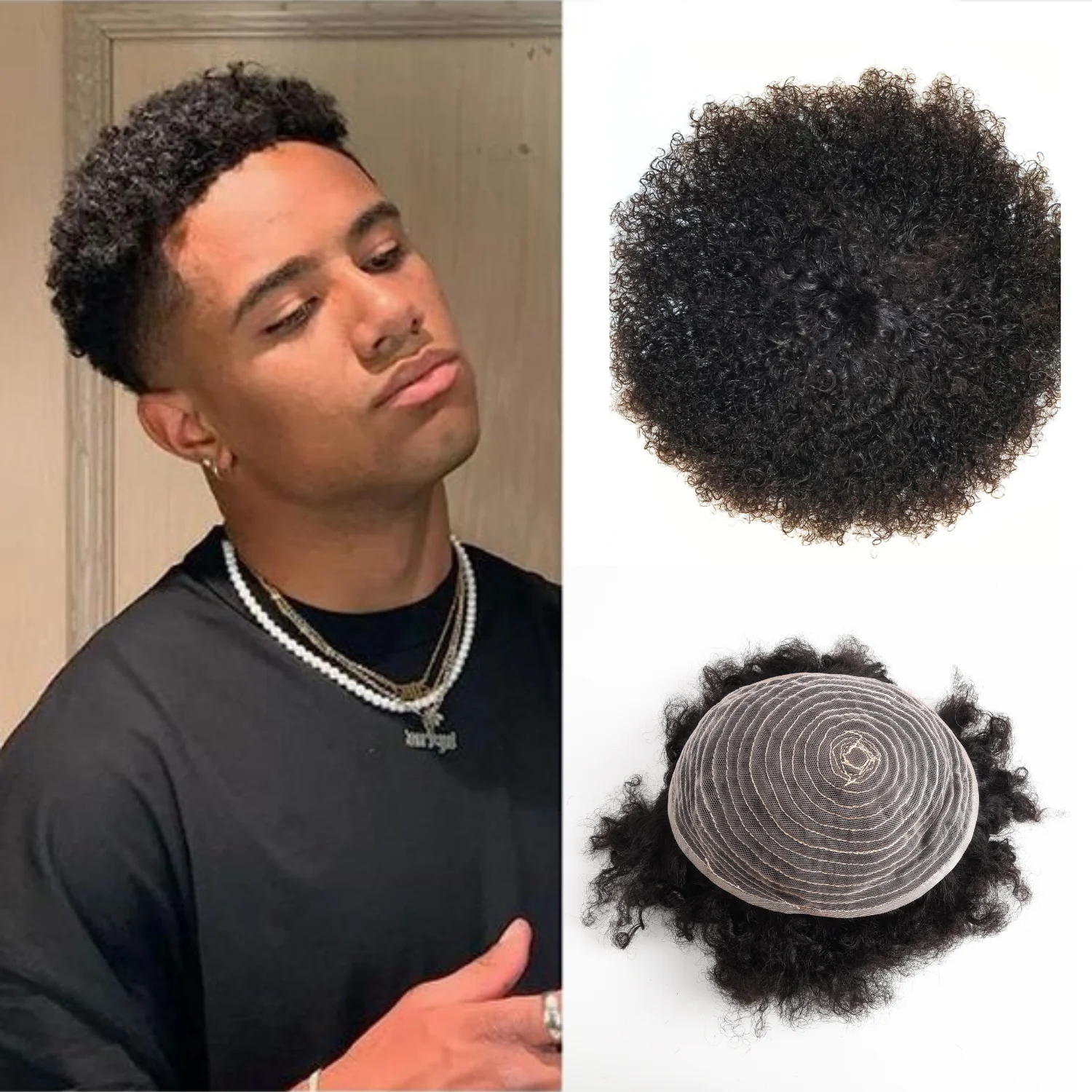 8x10 Lace Base Curl Afro Curly Toupee for Men 100% Afro Human Hair Base Unit Breathable Lace Natural Hairline Hair