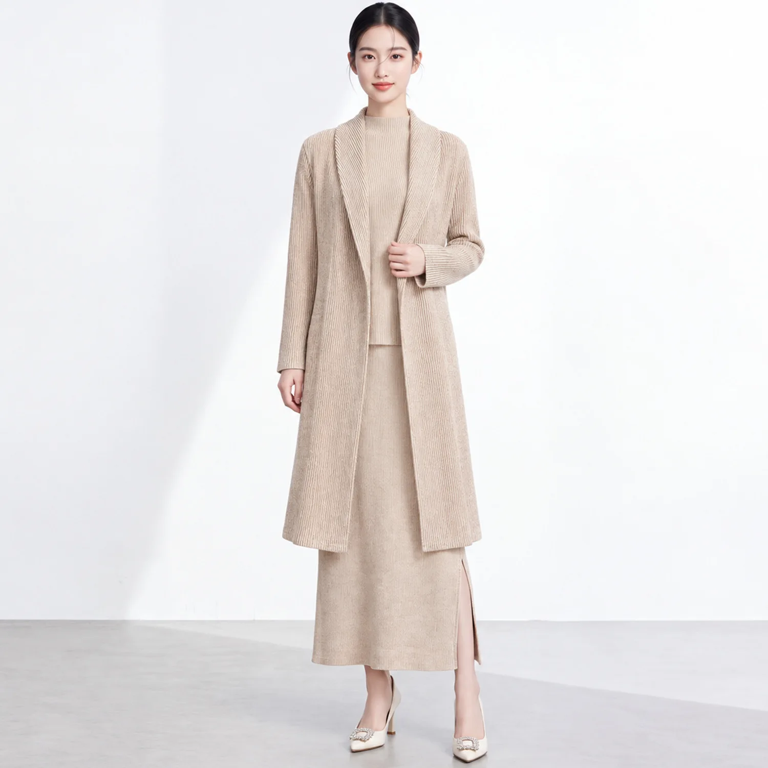 Miyake Pleated Women Lapel Long Knit Cardigan Open Front Solid Color Ribbed Texture Elegant Fall Winter Outerwear