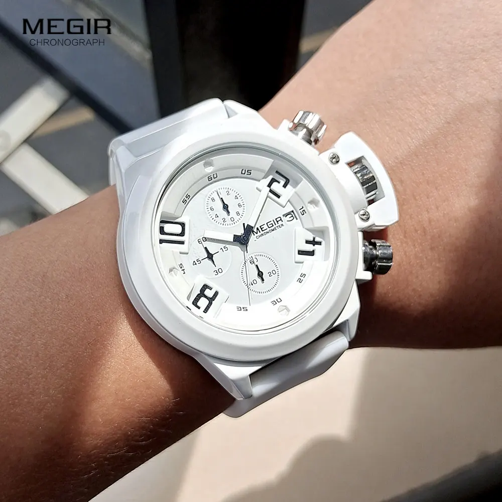 MEGIR Military Sport Watches Men White Silicone Strap Chronograph Quartz Wristwatch with Auto Date Waterproof Large Face 2002