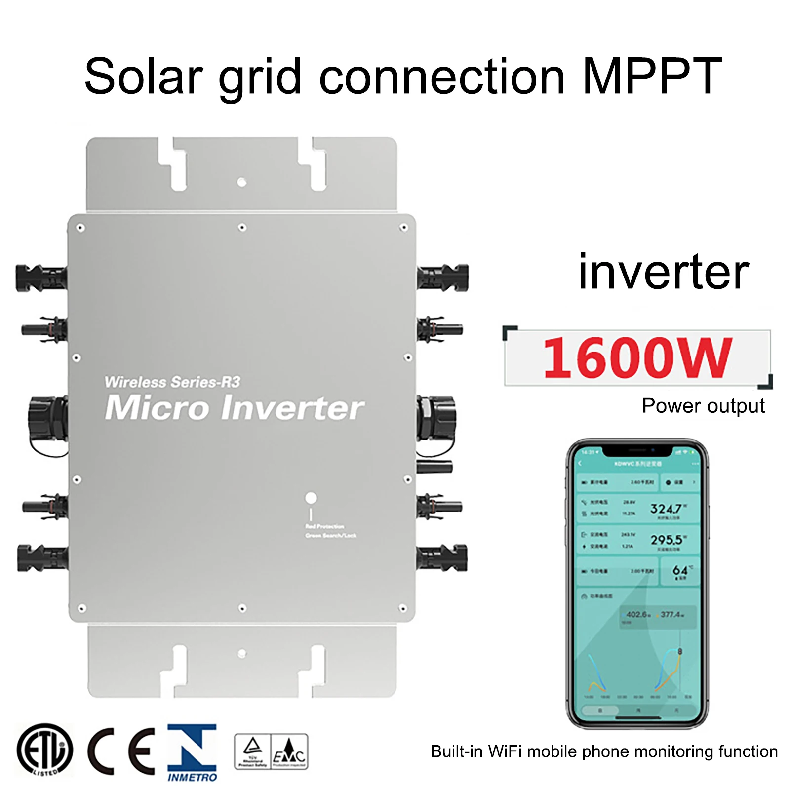

1600W Smart Solar Inverter Miniature Inverter Solar Grid Inverter APP Monitoring 120/230V 22-60V Remotely Control