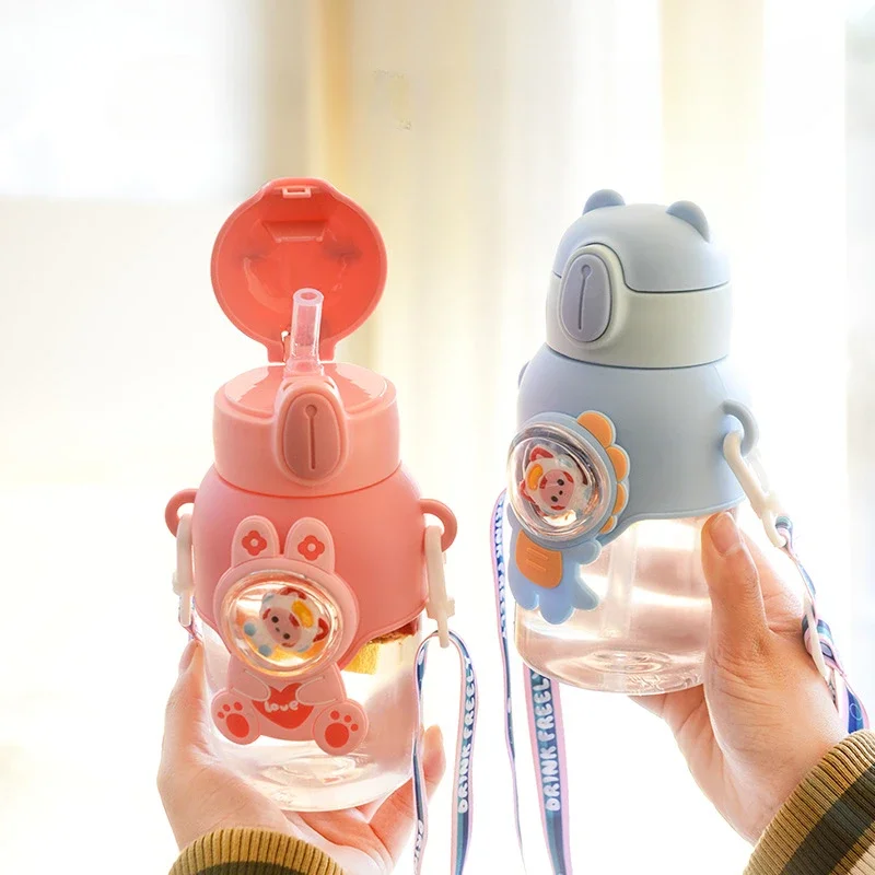 Cute Little Boys Plastic Cup Children Water Cup Sippy Cup Portable Strap Rope Children Student Cartoon Cuteness Water Cup