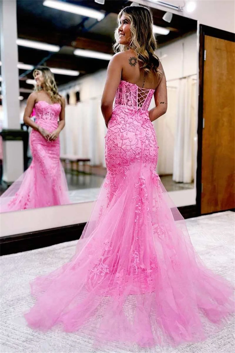 Annie Sweet Pink Prom Dresses Tulle Embroidered Mermaid Wedding Dress Off-the-shoulder Cocktail Dresses Vestidos De Fiesta