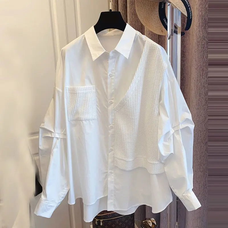 

Light Luxury Spring New Patchwork Waffle Fake Two-Piece Niche Design Korean Style Loose Casual Retro Shirt For Women