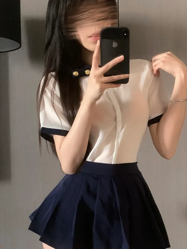 Exotic Summer Fashion Women\'s Clothing Loop Collar Perspective Sweet and Cute College Style Hundred Fold Short Skirt Set Q1WW