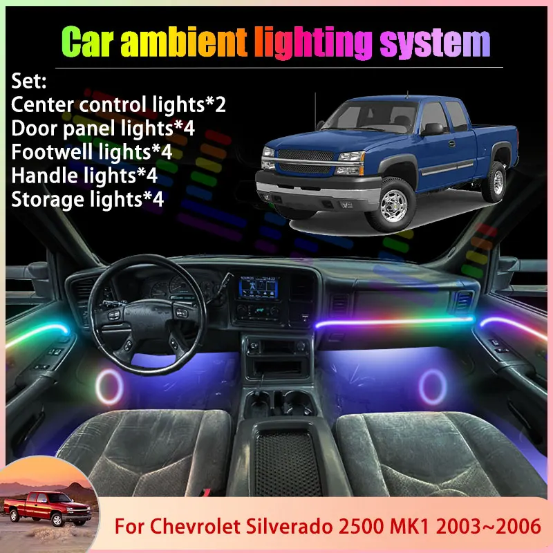 

Для Chevrolet Silverado 2500 MK1 1 2003 ~ 2006 6/18 в 1, автомобильная атмосферная лампа, RGB абажур, ансамбль, стример, атмосферный набор