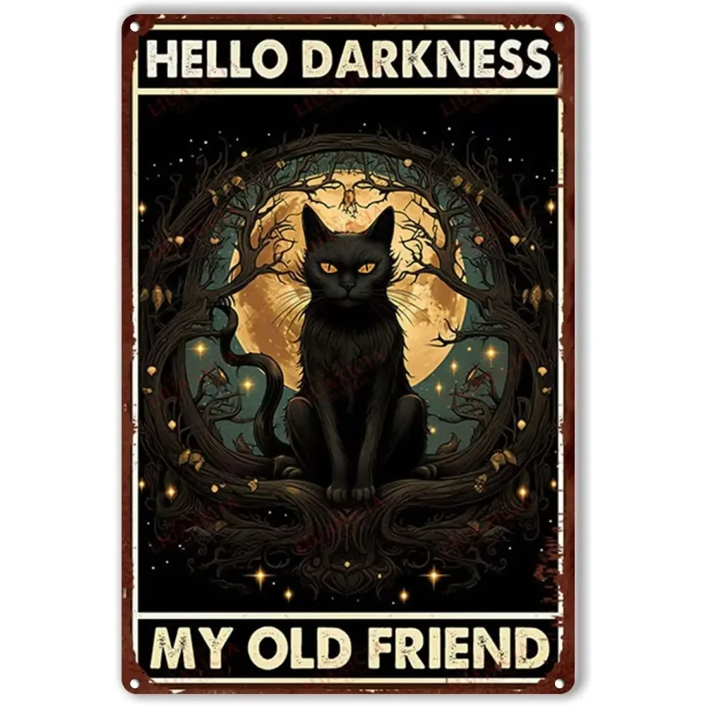 Retro schwarze Katze Halloween Blechschild – Red Moon Witches „Hello Darkness My Old Friend“ Poster für Vintage-Party-Dekoration