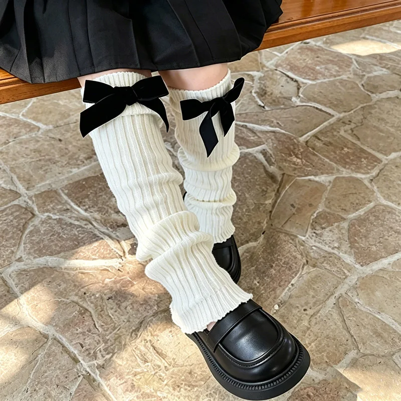 Japanese Women Knitted Leg Warmer Bow Socks for Girl Lolita Socks Calf T-shaped Lace Leg Horn Warmers Women