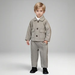 Children Blazers Set Fall Winter Thick Casual British Style Boys Suits for Weddings Gray Piano Performance Costume 2 To 12 Years