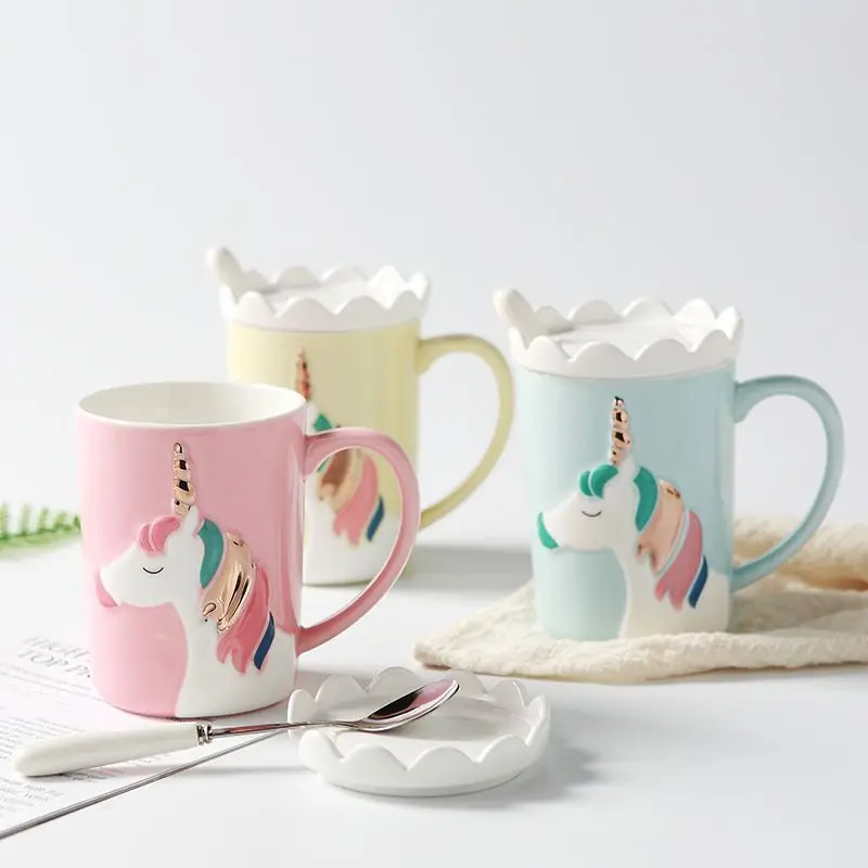 Unicorn Nordic Coffee Mug, Drinking Water Cup with Lid and Spoon, Creative Novel, Cute Christmas Gift for Women, Girl, 400ml