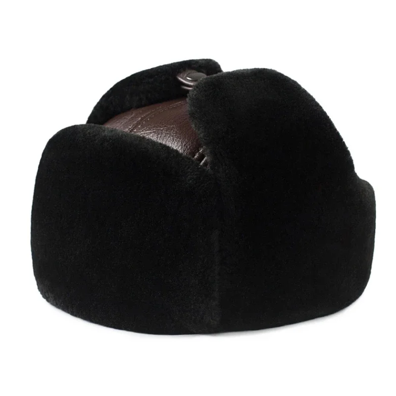 Outdoor Winter Warm Ear Protection Bomber Hat Man Genuine Leather Faux Fur Military Cap Inside Black Brown 55-60cm  Gorras