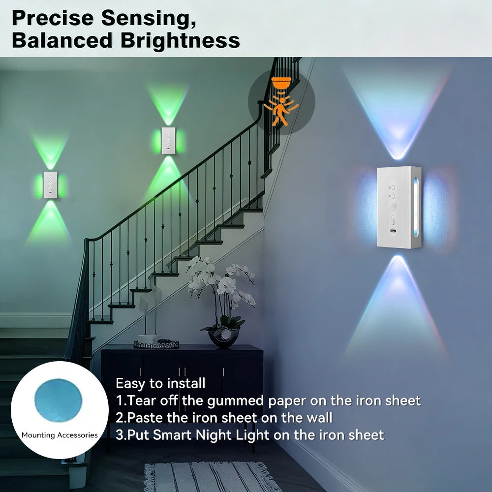 USB Rechargeable White Smart Magnetic Night Lights with Motion Sensor 8 Lighting Modes RGB Ambient Light for Bedroom Stair Decor