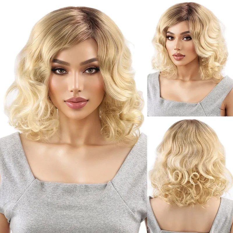 Nouvelle perruque européenne et américaine avec dégradé doré, cheveux courts bouclés pour femmes dans un style tendance - Perruque en fibre synthétique