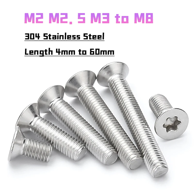 M2 M2.5 M3 M4 M5 M6 M8 304 A2-70 Stainless Steel Six-Lobe Torx Flat Countersunk Head Screw Bolt Length 4mm to 60mm