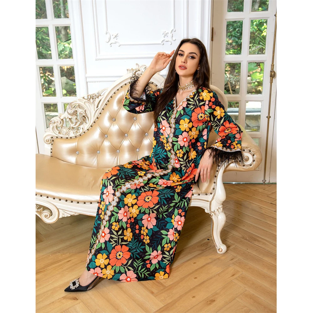 

Abaya Floral Print Diamond Women Muslim Long Maxi Dress Turkey Eid Party Dubai Saudi Kaftan Islamic Arab Robe Jalabiya Vestidos