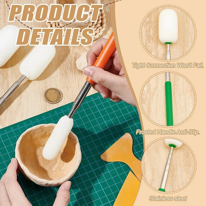 N85R-3PCS 도자기 용 텔레스코픽 스폰지 스틱, 도자기에서 물 제거를위한 스테인레스 스틸 핸들 흡수성 스폰지 헤드