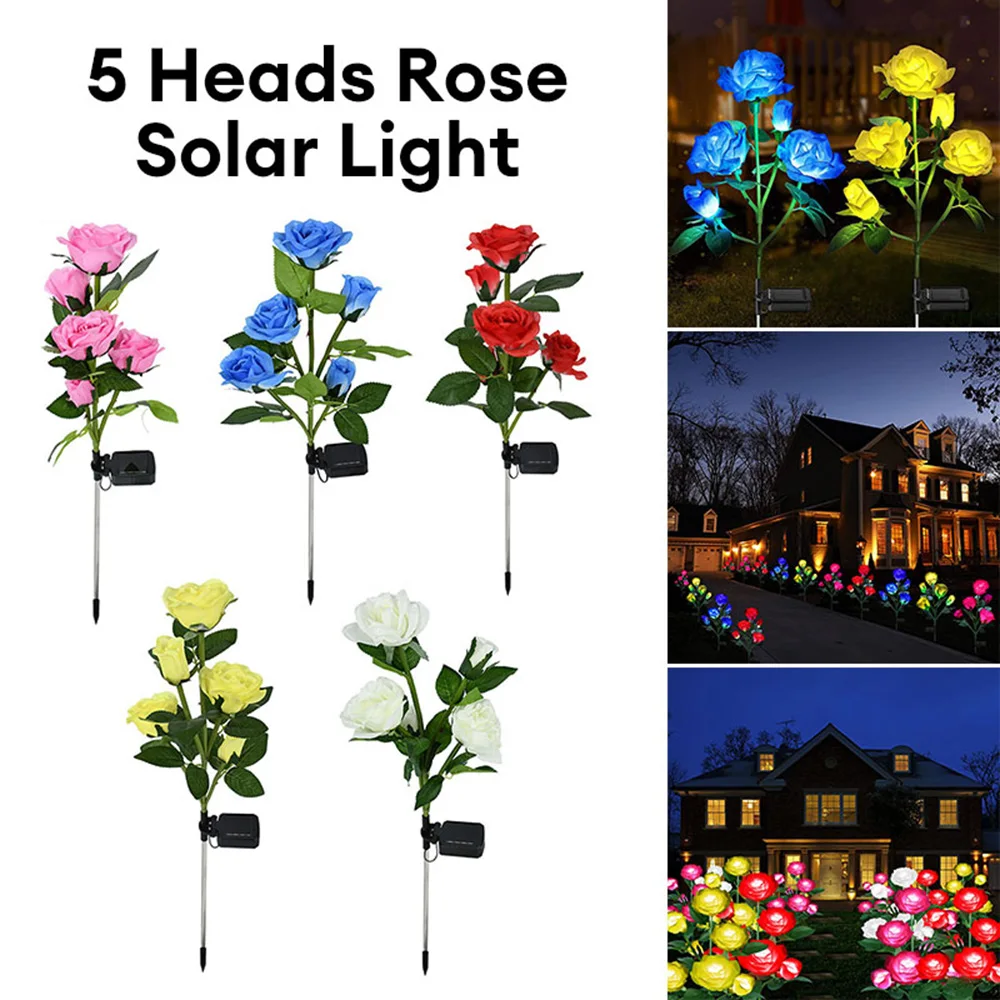 5 Head Solar Rose Light LED Garden Decor Simulation Rose Lights Outdoor Waterproof Courtyard ParkGround Insertion Lawn Light