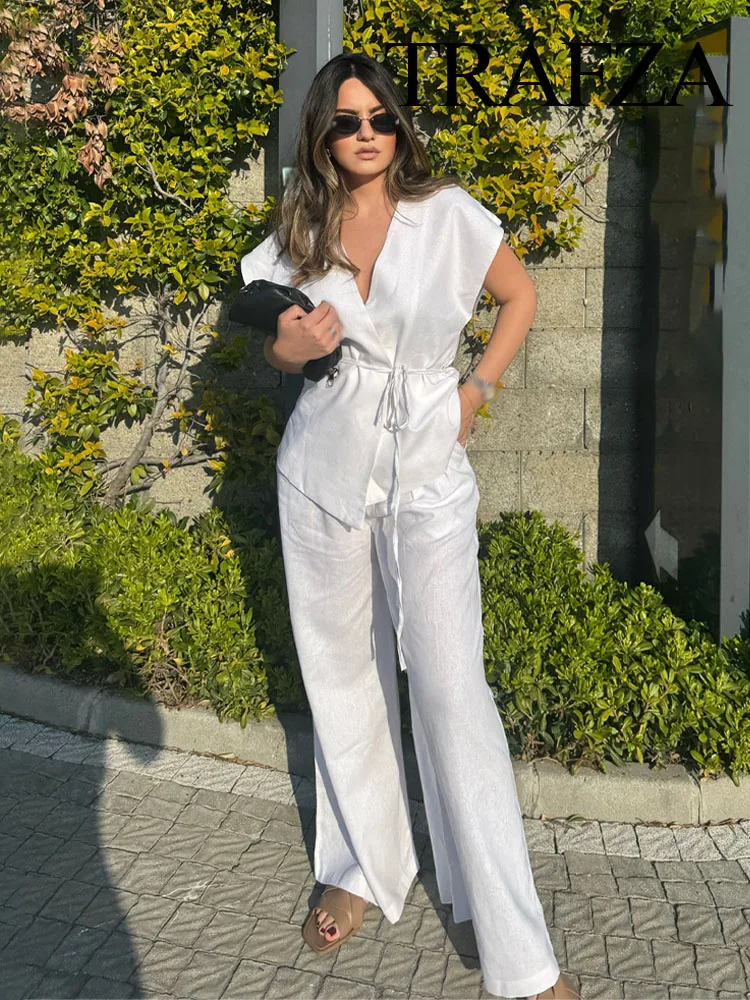 

TRAFZA Female Sets V-Neck Sleeveless Bow Lace-Up Decoration Vest Top+High Waist Zipper Wide-Leg Pants Women Summer Fashion Suit
