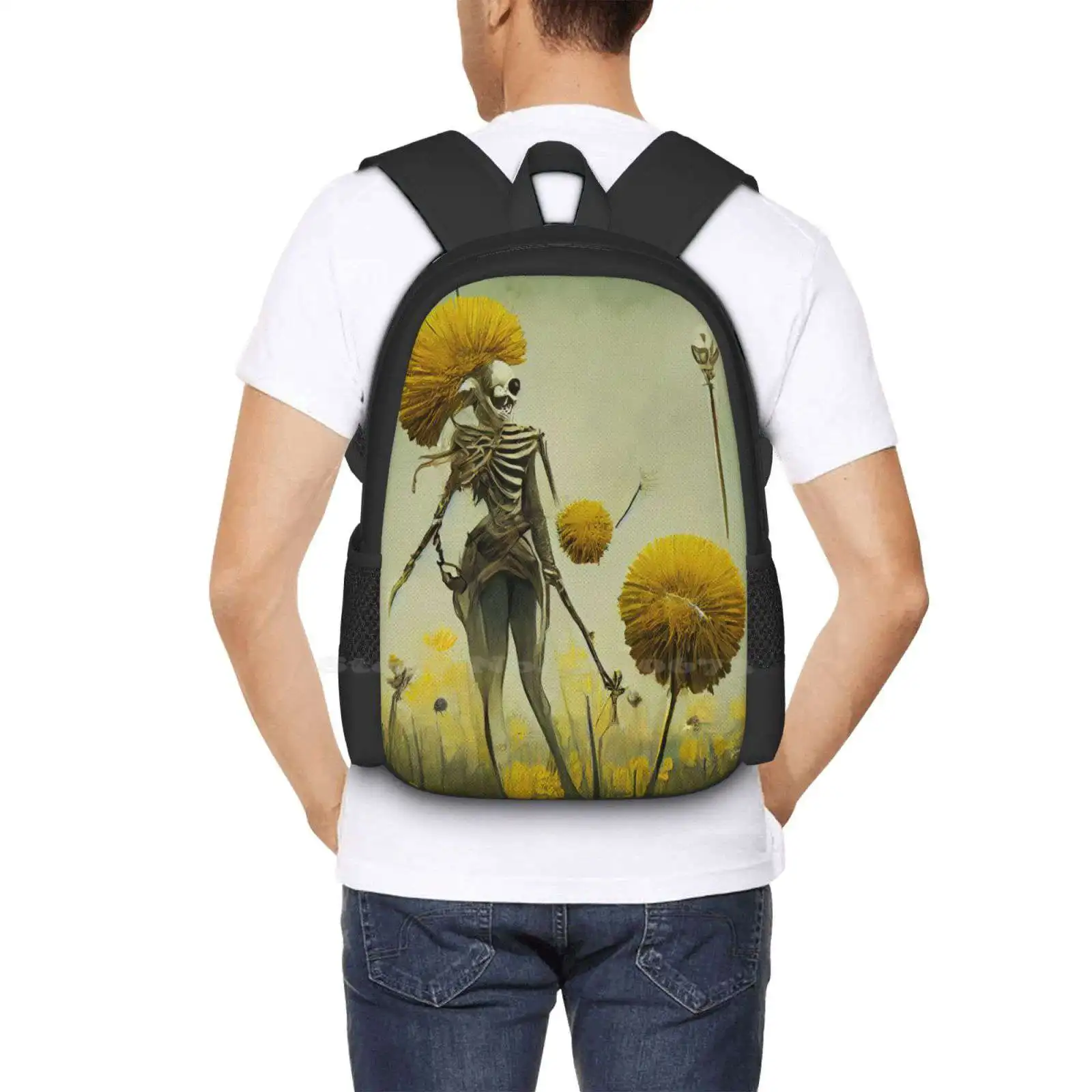 Esqueleto mulher e flores mochila, dente-de-leão floral amarelo, bolsa botânica para adolescentes, homens e mulheres