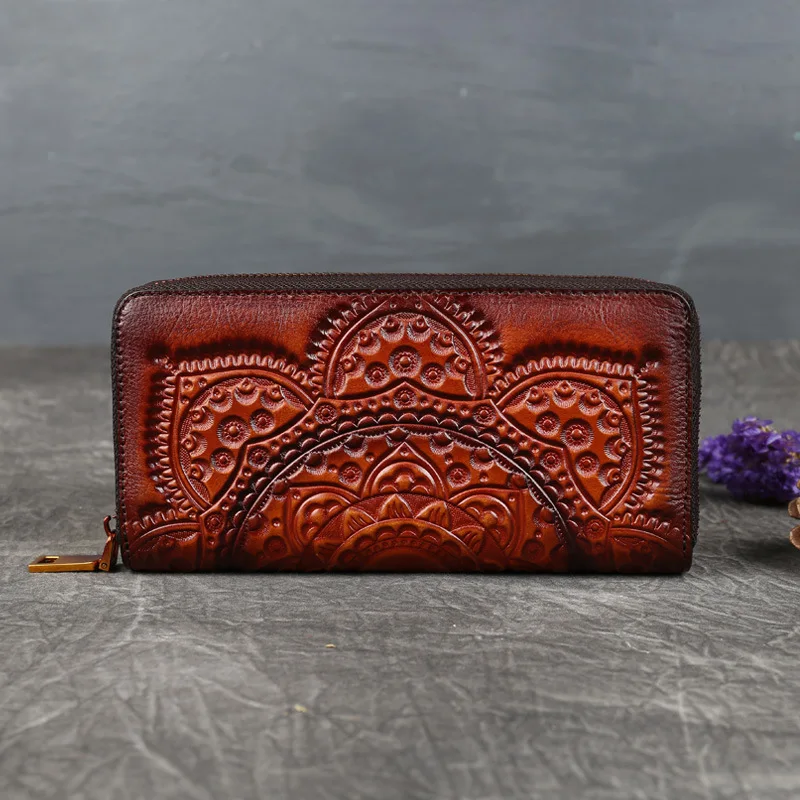 

Women Wallet Long Hand Bag 2026 New Nature Cow Leather Handmade Embossed Floral Phone Purse Card Holder محفظة كروت