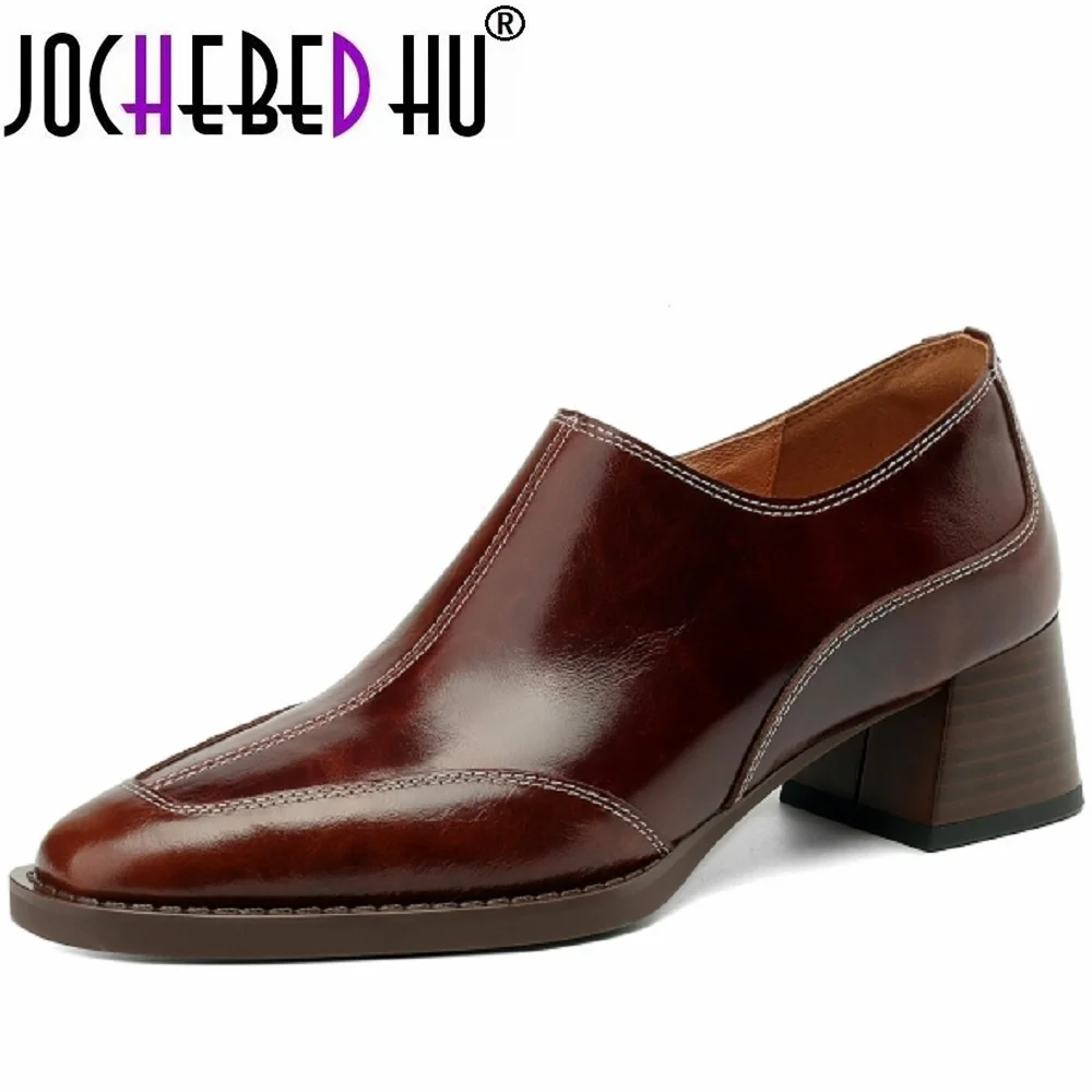 

【JOCHEBED JU】Sping Autumn New Square Toe Concise Genuine Leather Handmade Casual Zipper High Heels Women Pumps 34-40