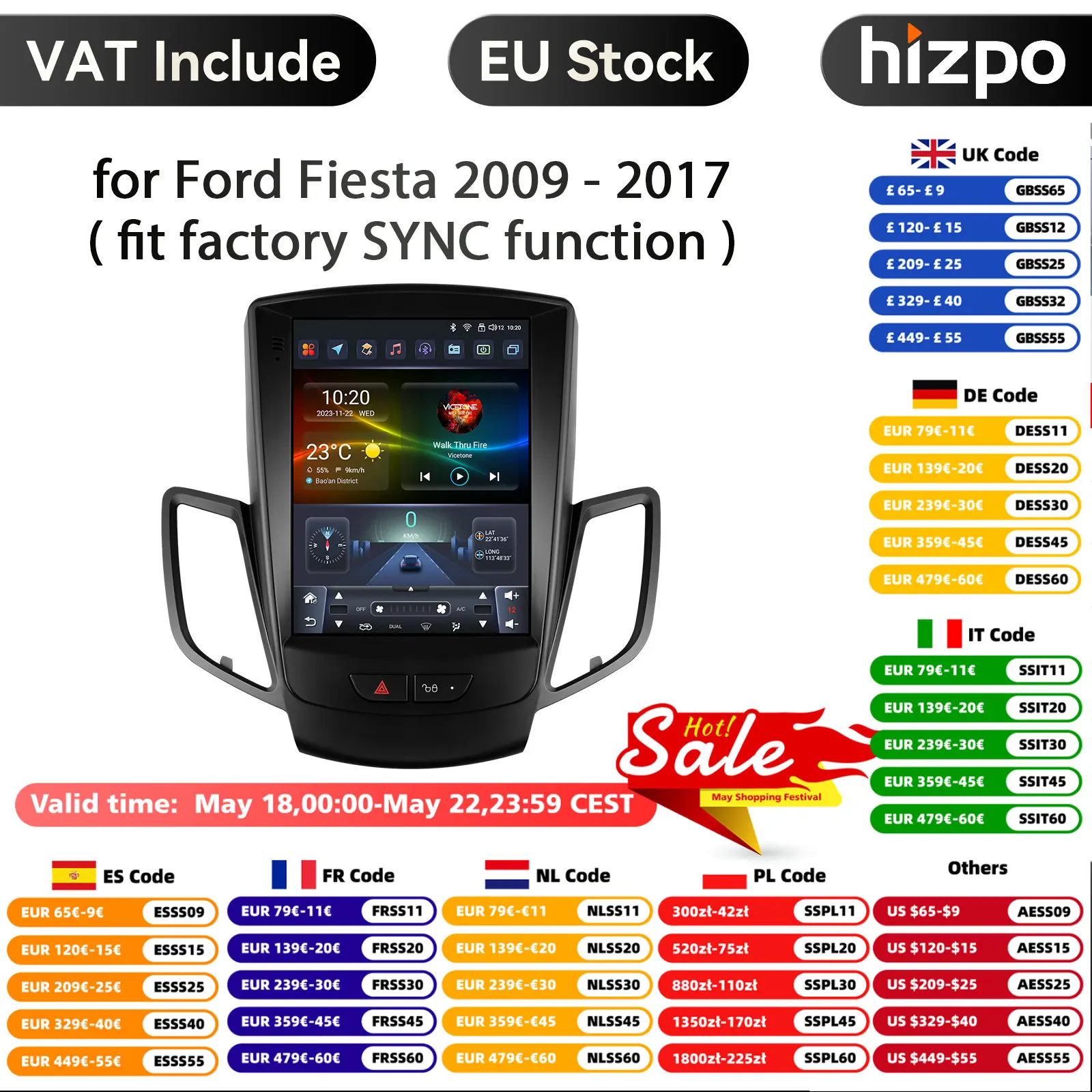 Hizpo 9,7 pulgadas AI Carplay Android Radio de coche para Ford Fiesta 2009 -2017 SYNC reproductor Multimedia unidad principal de navegación Audio estéreo